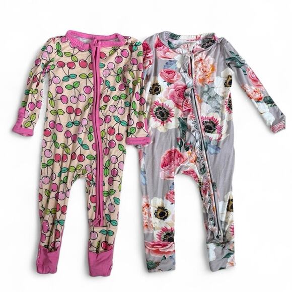 Posh Peanut Floral & Cherry Sleeper Pajama Size 0-3 Months Set of (2) - Picture 1 of 4
